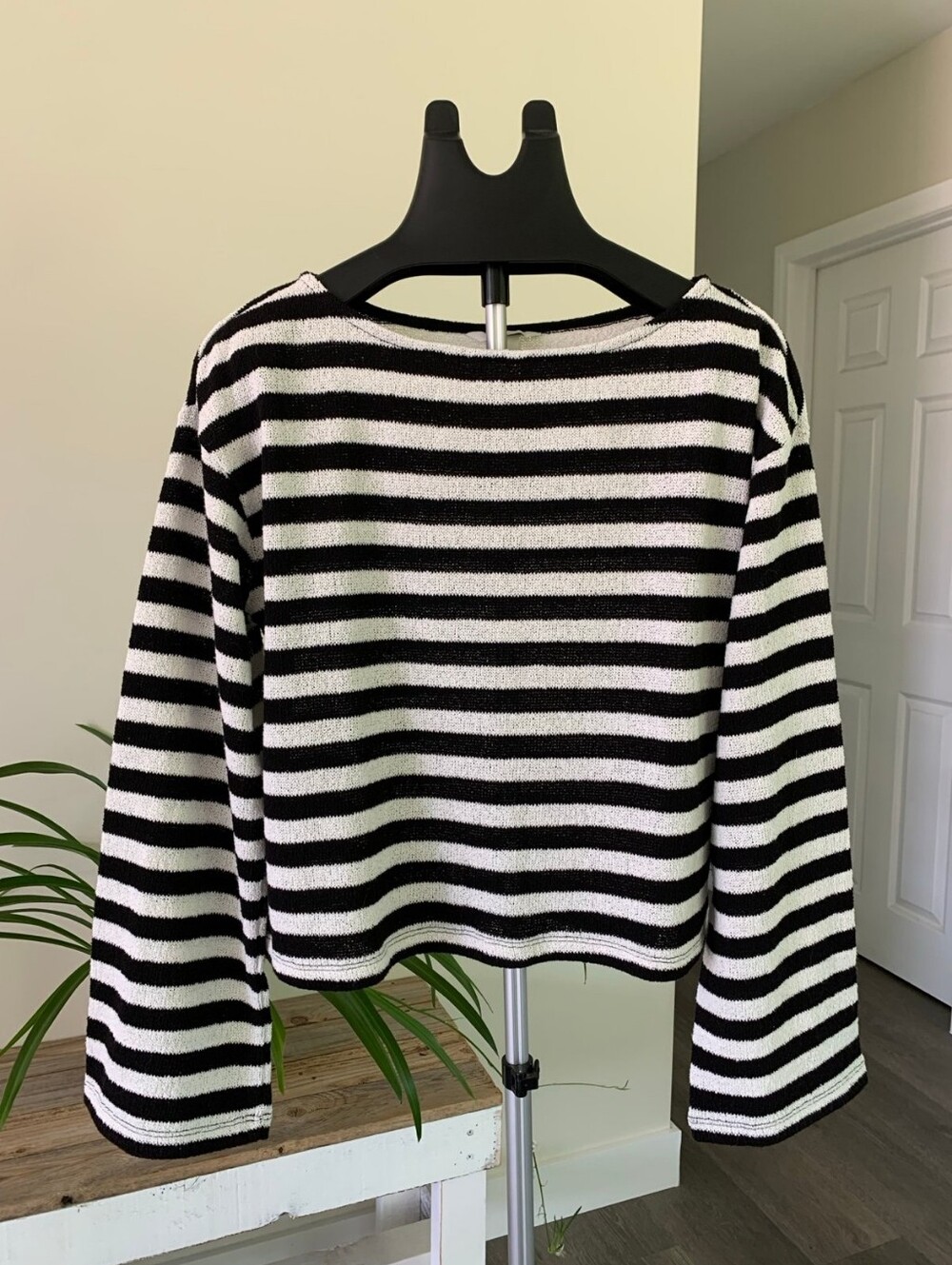 H&M Wide sleeve Cotton Blend Lightweight Striped Boat neck Sweater